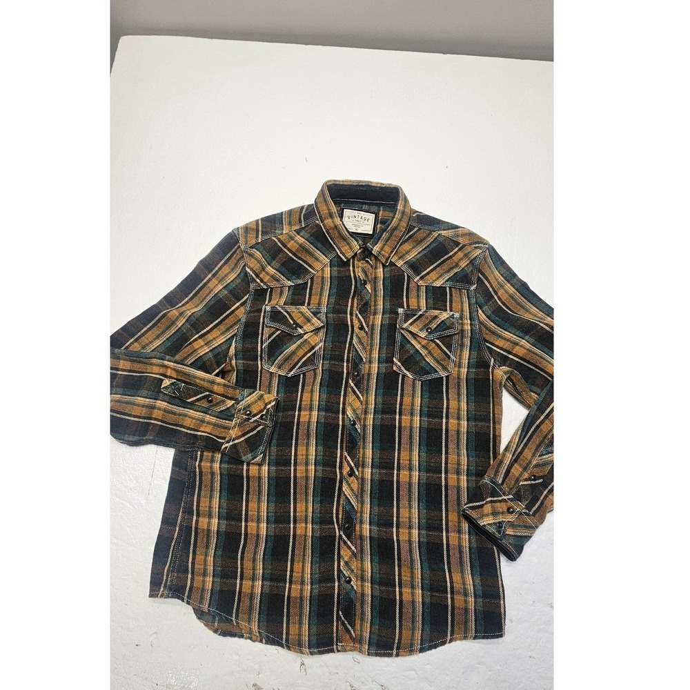 BKE Vintage Mens XL Athletic Fit Western Brown Plaid Flannel Shirt‎ Yellow